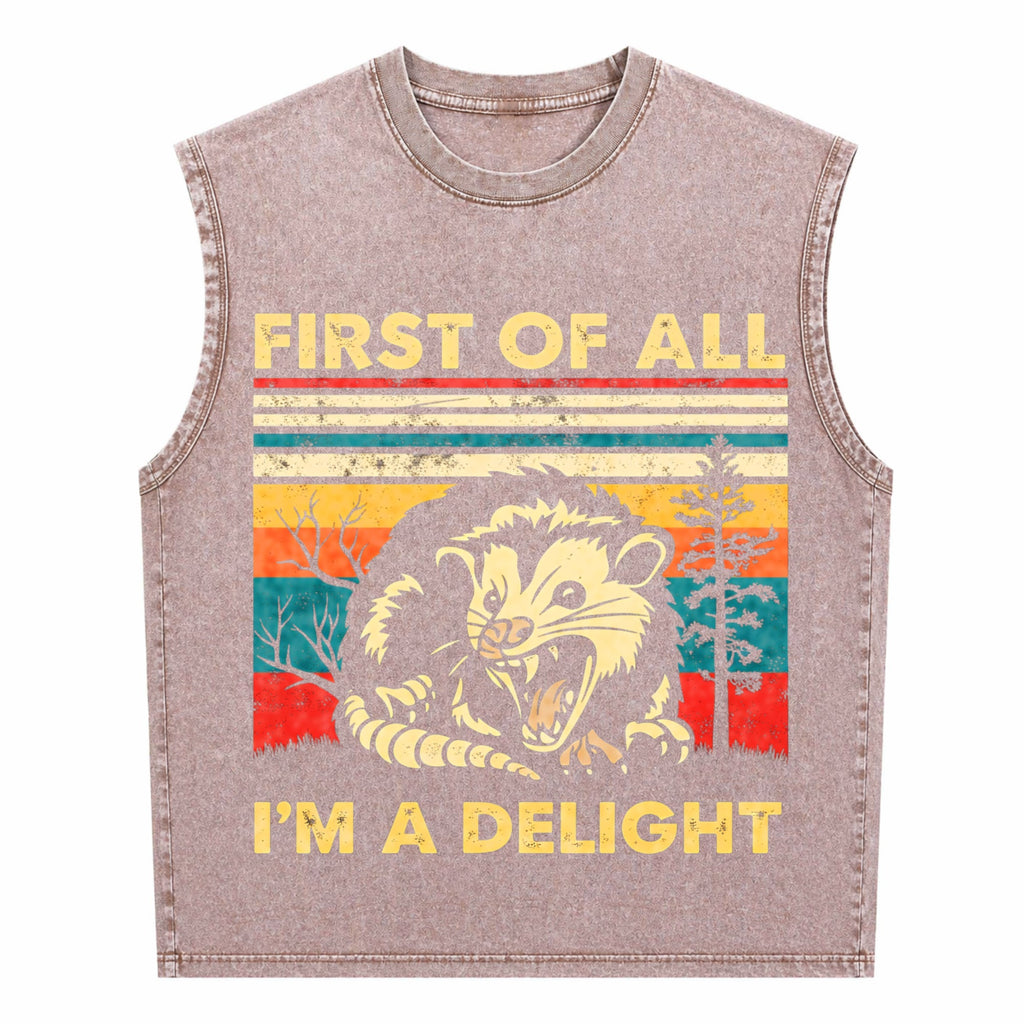First Of All I'm A Delight Sarcastic Angry Opossum Men's Washed Tank Top