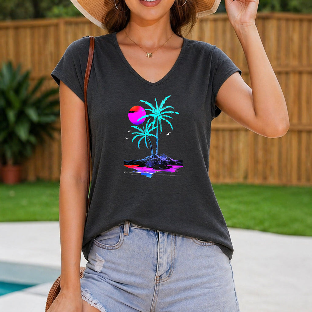 Tropical Geometric Palm Tree Sunset Women's V-Neck Tank Top