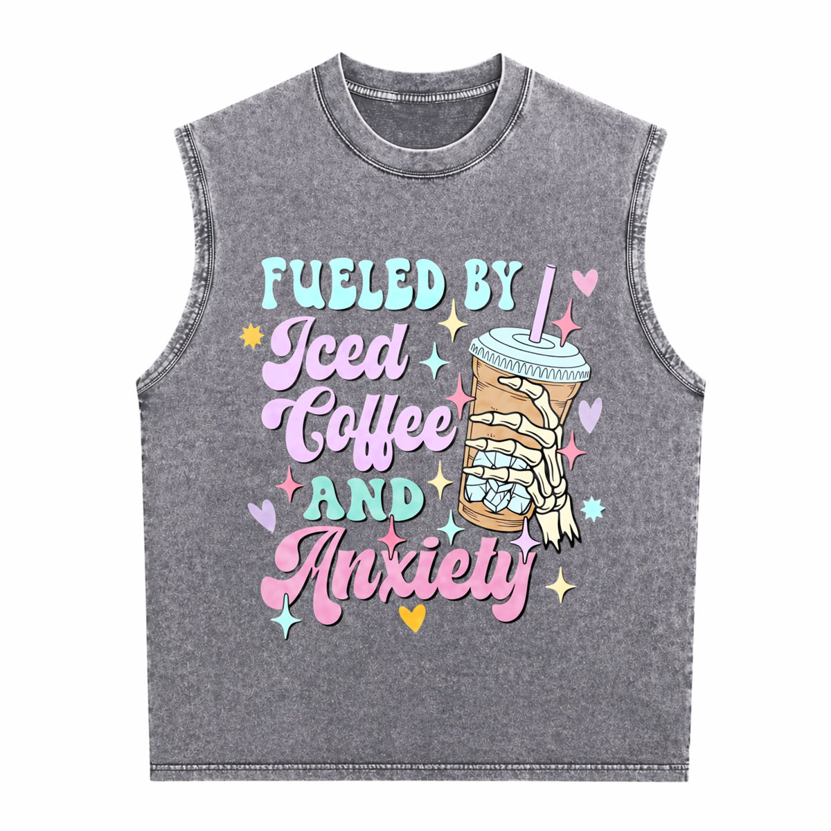 Fueled By Iced Coffee And Anxiety Funny Coffee Lover Men's Washed Tank Top