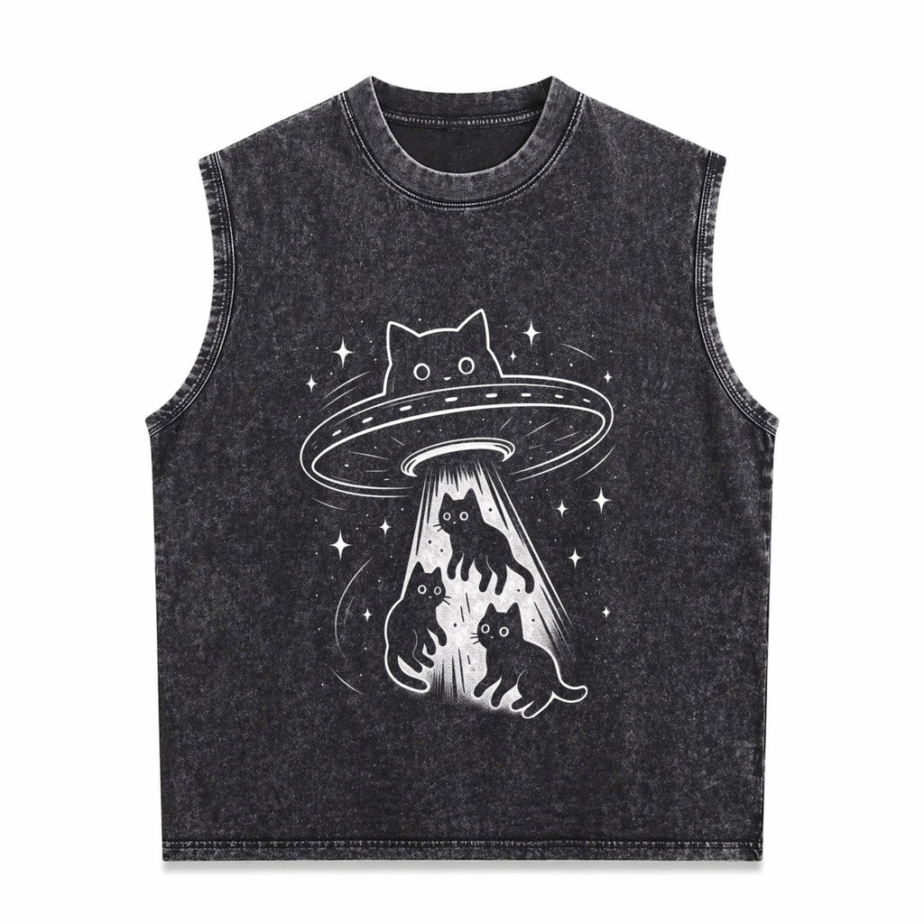 Funny Cat UFO Cute Kitty Space Spaceship Alien Aesthetic Men's Washed Tank Top
