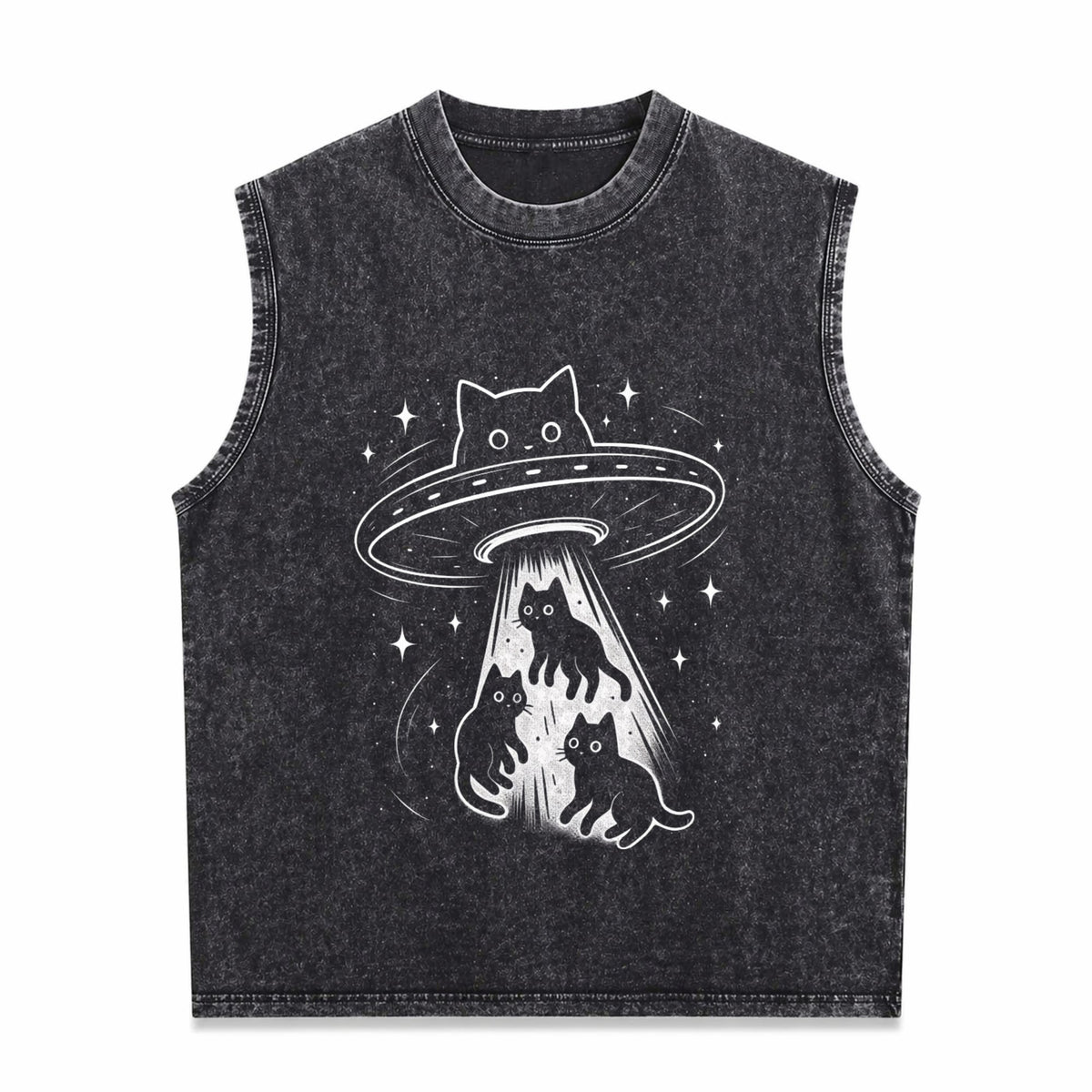 Funny Cat UFO Cute Kitty Space Spaceship Alien Aesthetic Men's Washed Tank Top