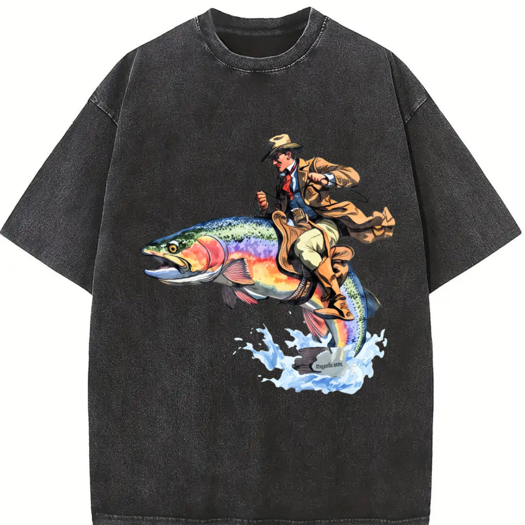 Cowboy Riding Trout Western Fishing Vintage Washed T-Shirt product image 2