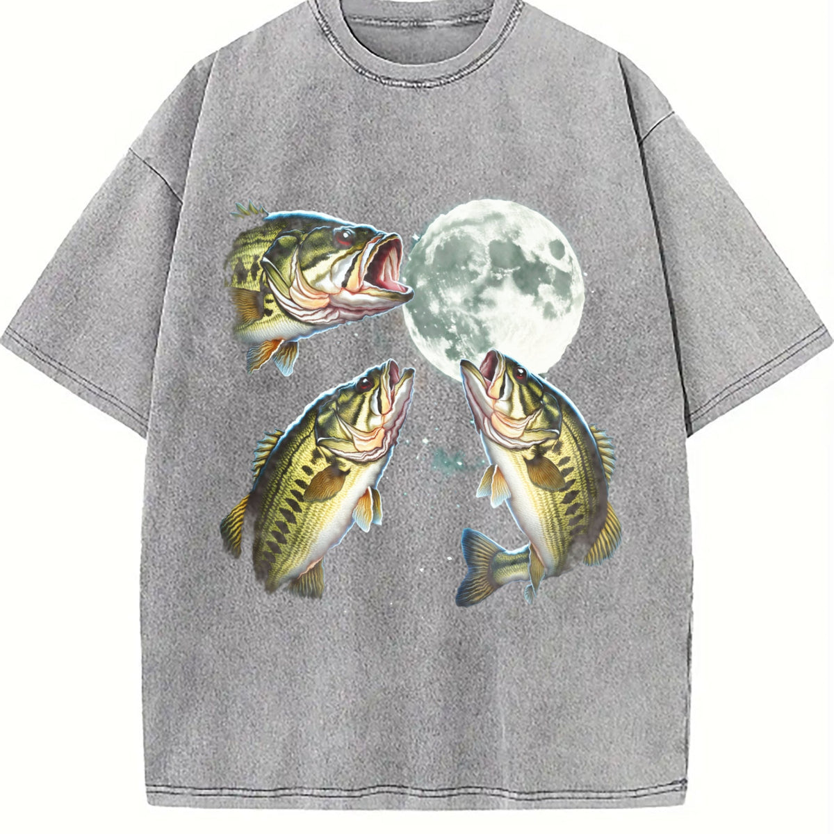 Bass Fish Howling At Moon 90s Vintage Washed T-Shirt product image 5