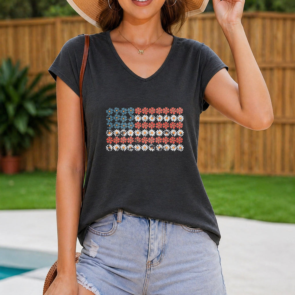 American Flag Floral Summer Women's V-Neck Tank Top