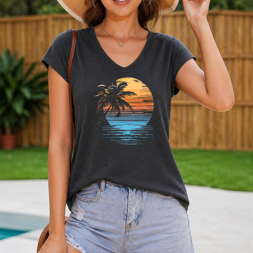 Coconut Tree Sunset Beach Summer Women's V-Neck Tank Top