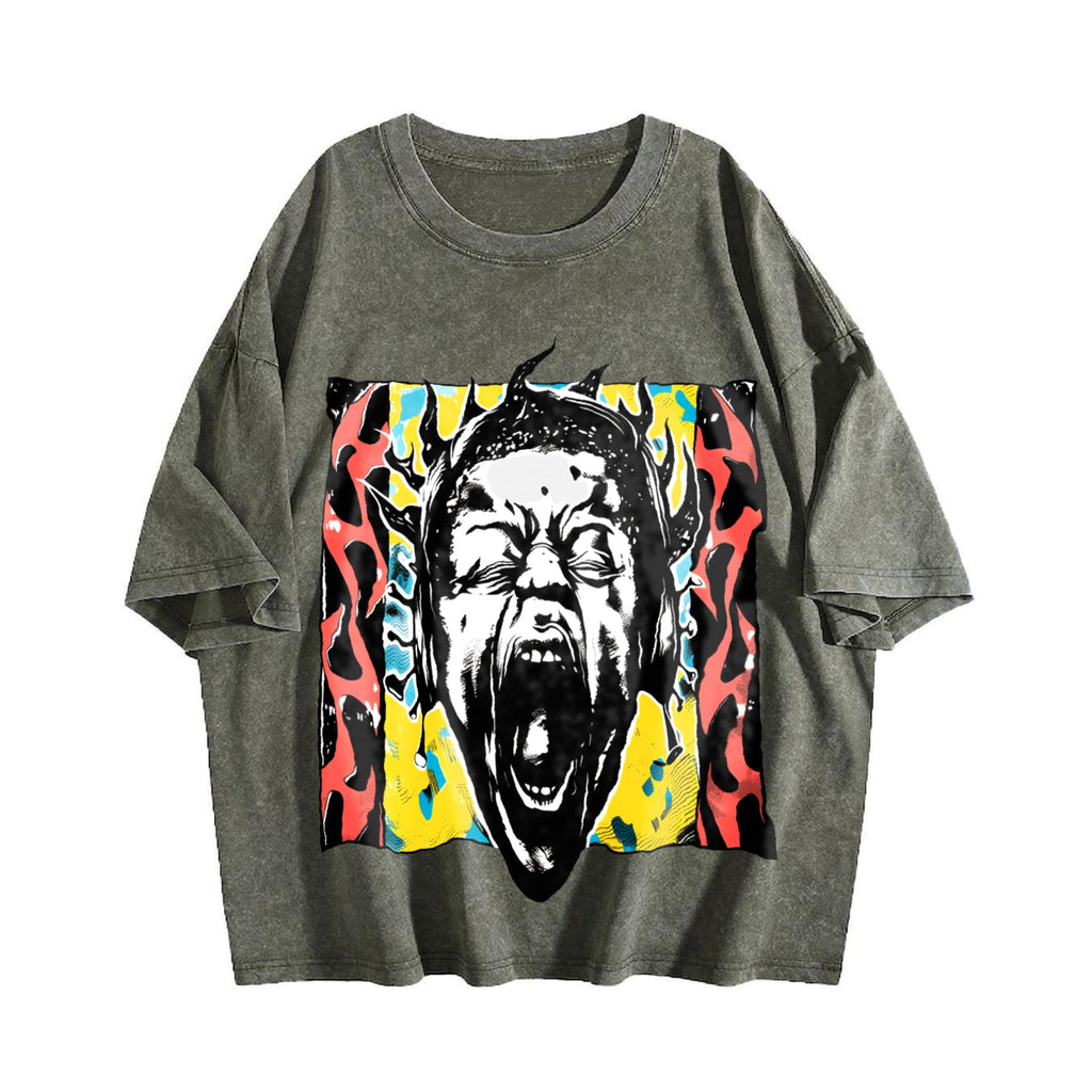 Unique Punk Flame Screaming Face Vintage Washed T-Shirt product image 4