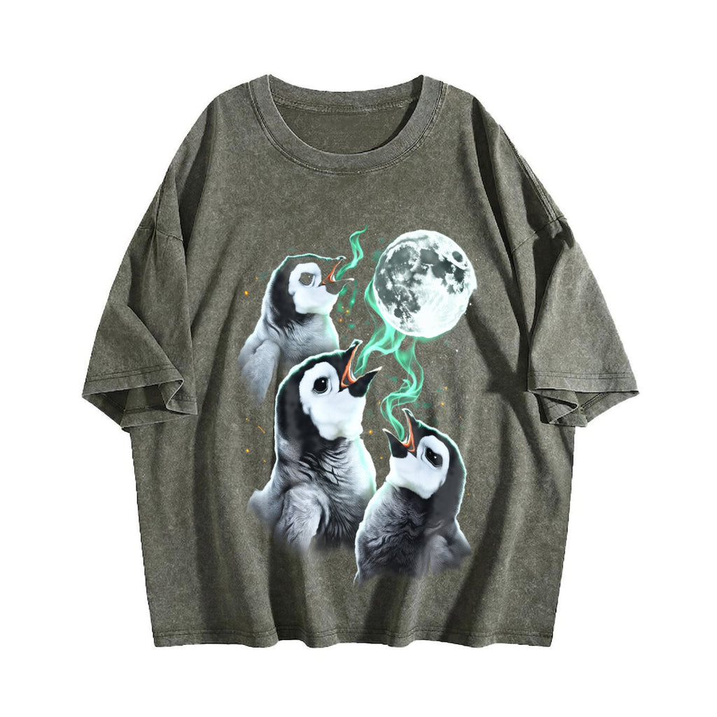 Penguin Howling To Moon 90s Vintage Washed T-Shirt product image 4