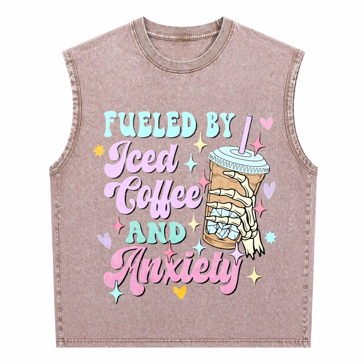 Fueled By Iced Coffee And Anxiety Funny Coffee Lover Men's Washed Tank Top