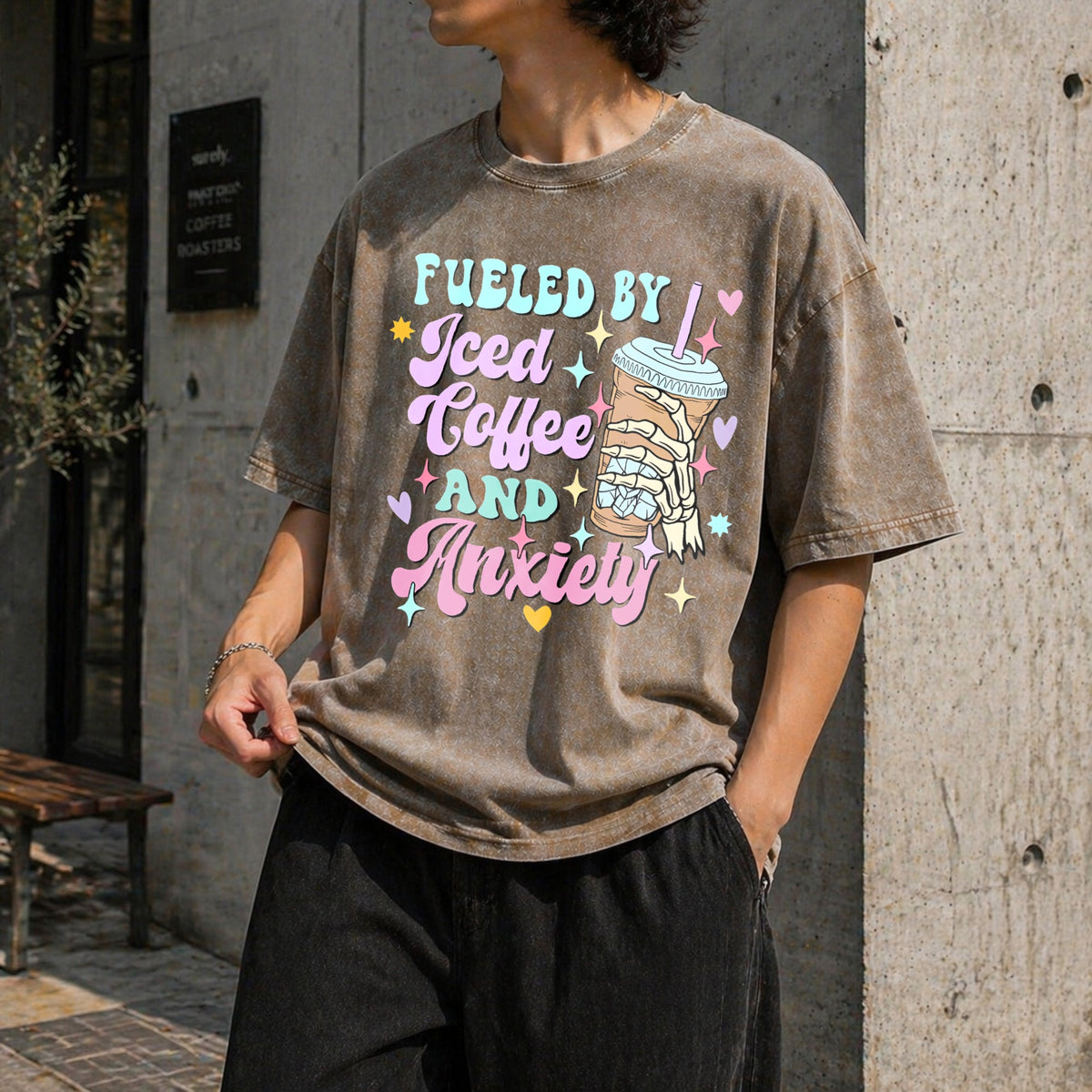 Fueled By Iced Coffee And Anxiety Funny Lover Vintage product image 3