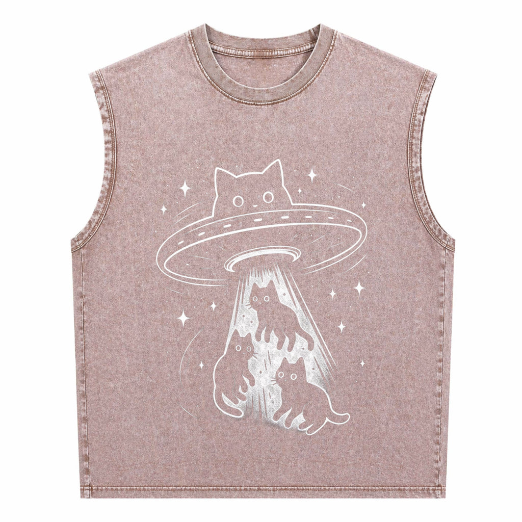 Funny Cat UFO Cute Kitty Space Spaceship Alien Aesthetic Men's Washed Tank Top