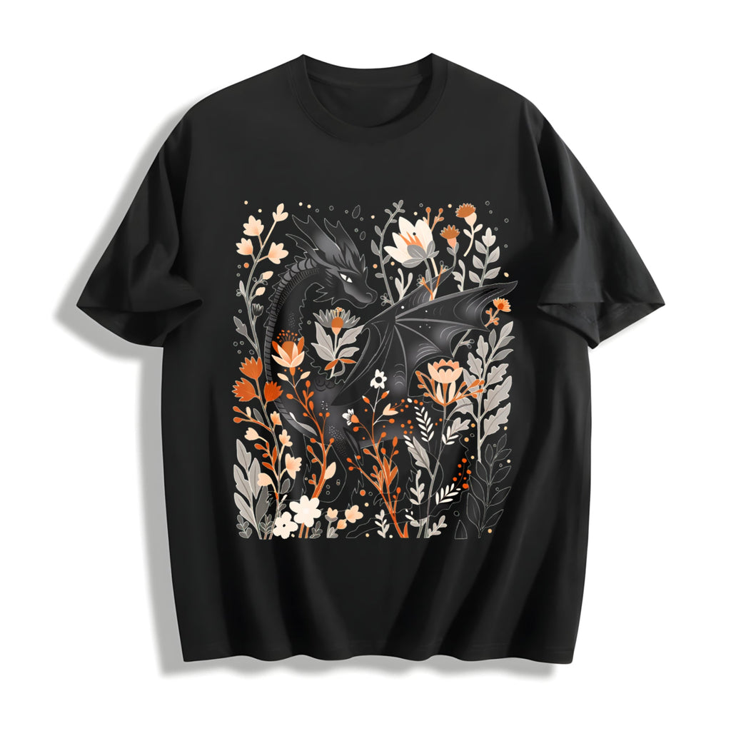 Summer : Fantasy Black Dragon Gentle Floral Cotton T-Shirt product image 1