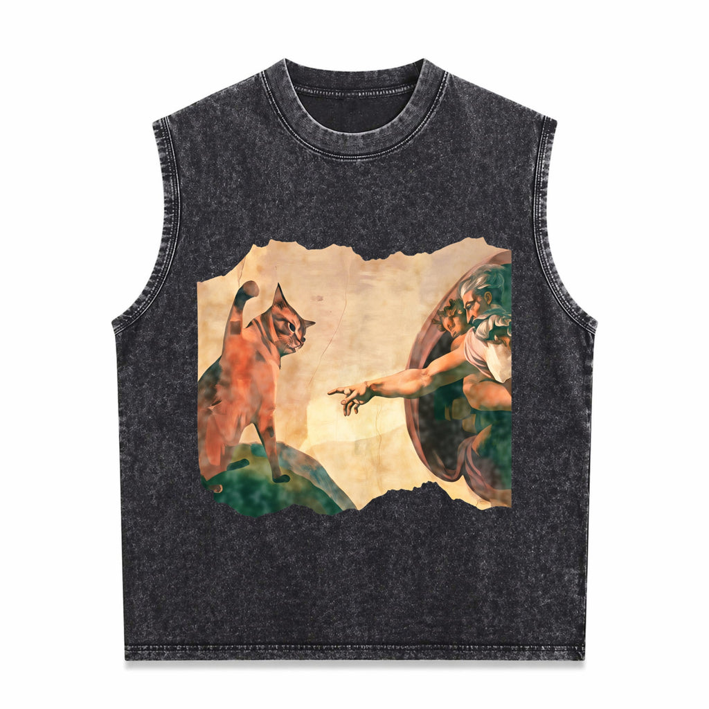Funny Cat Swatting God's Hand Parody Cat The Divine Men's Washed Tank Top