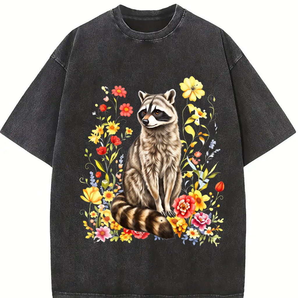 Cute Raccoon Floral Vintage Washed T-Shirt product image 2
