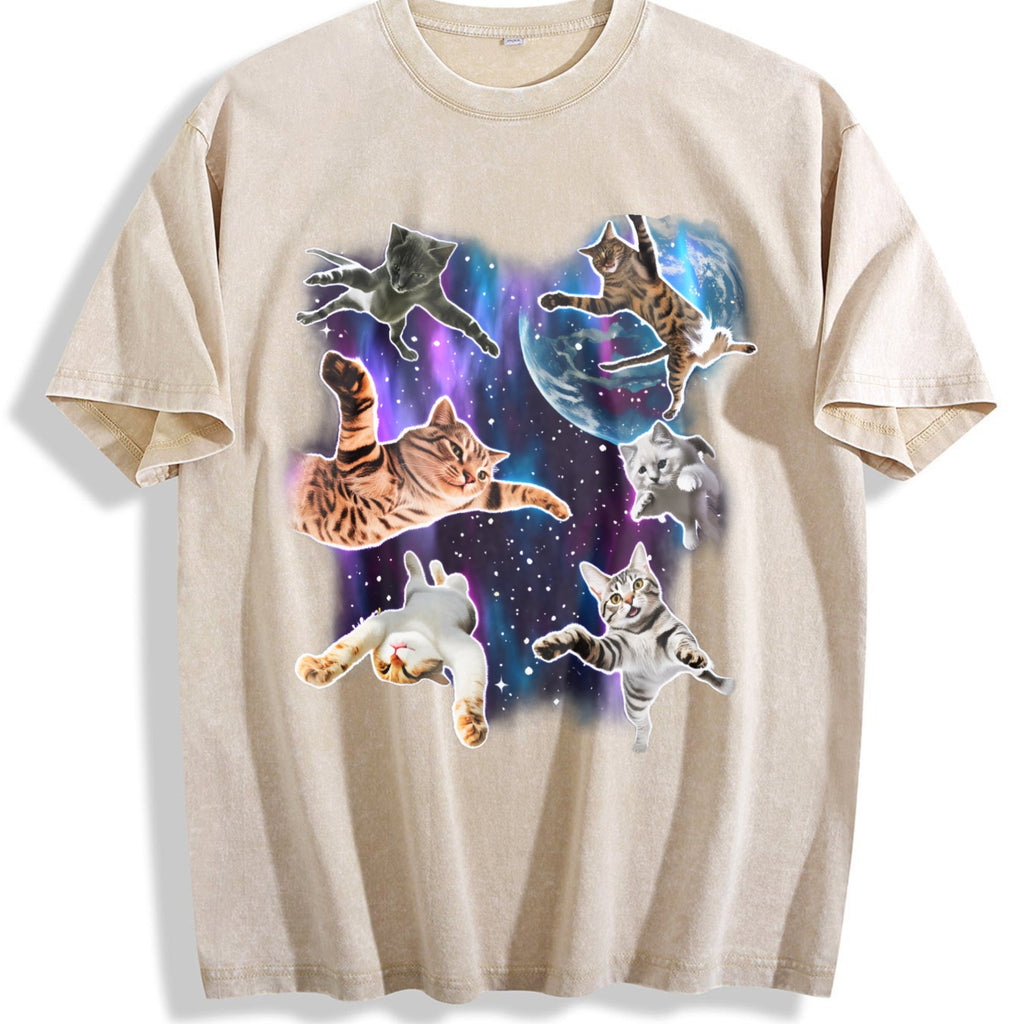 Cats Floating In Galaxy 90s Vintage Washed T-Shirt product image 1