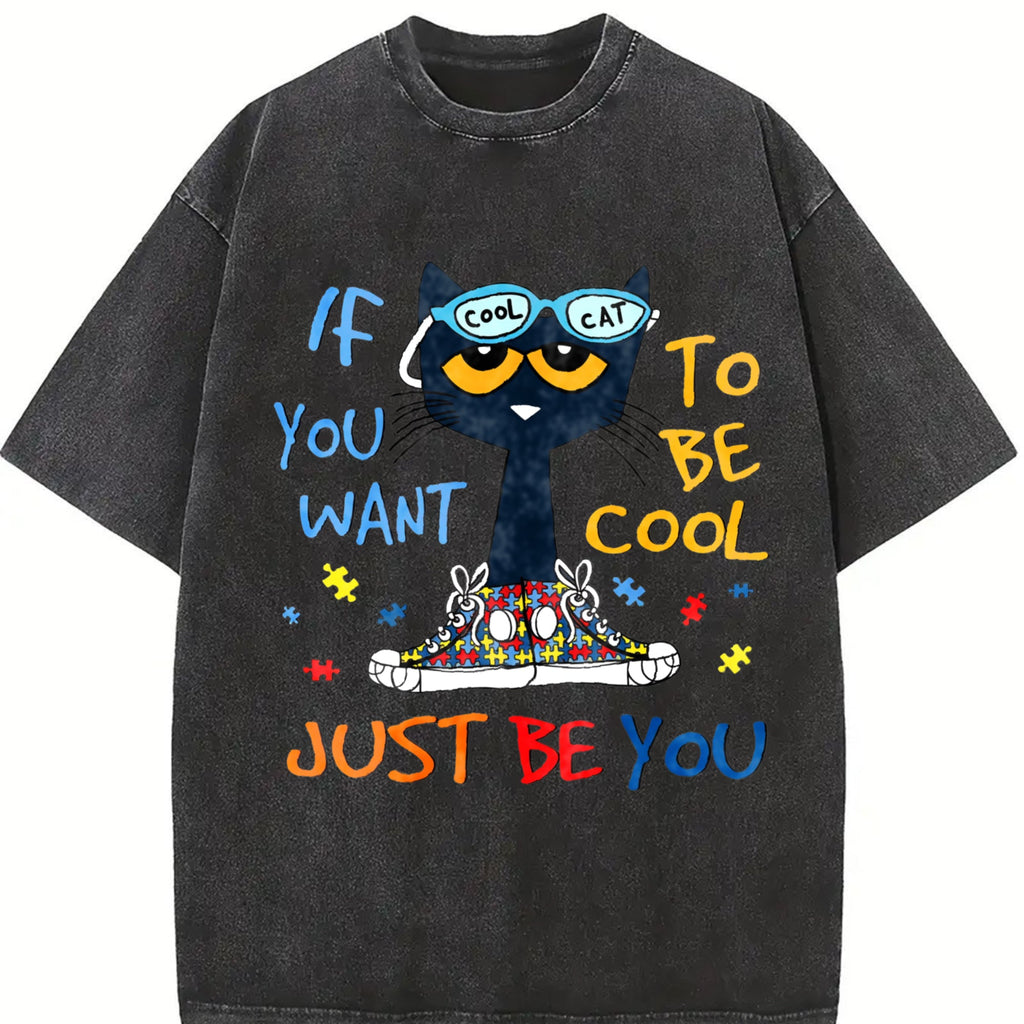 Cartoon Cat Blue-framed Glasses Vintage Washed T-Shirt product image 2