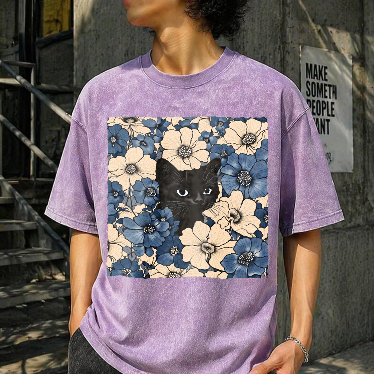 Black Cat Floral Fun American Vintage Washed T-Shirt product image 6