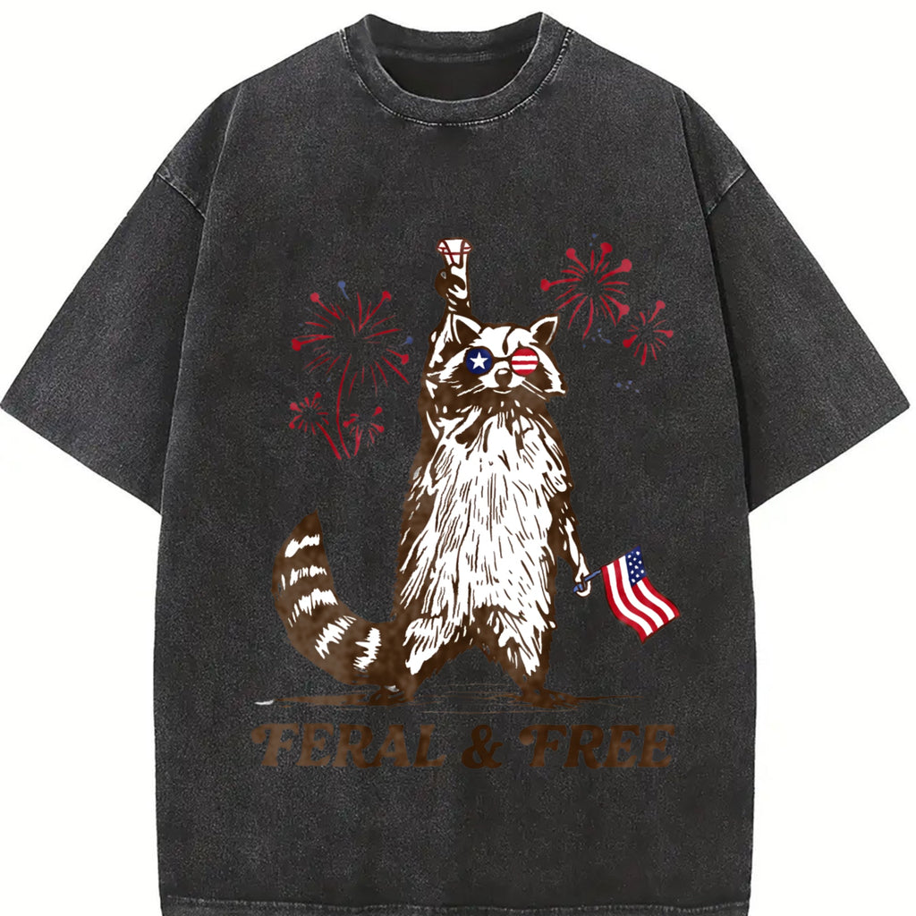 Raccoon Flag And Firework Vintage Washed T-Shirt product image 2